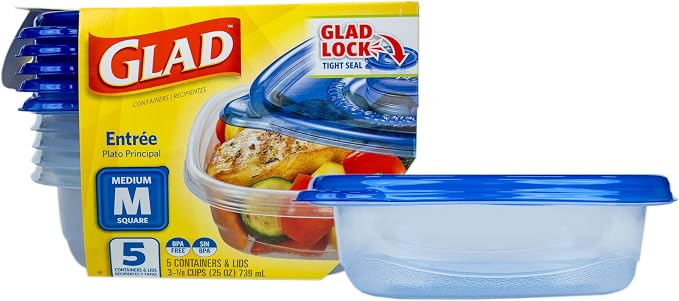 Glad GladWare Entree Food Storage Containers, Medium Square, 25 Oz, 5 Count | Lock-tight seal for meal prep and lunches; microwave and dishwasher safe by GladTrashFoodStorage