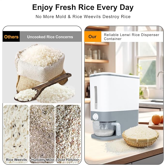Rubtlamp 22.5-25 Lbs Gray Rice Dispenser, Rice Container with Lid, Rice Storage Container with Measuring Cup, Food Dispenser Rice Container, Storage Container for Cereal, Household Rice Bucket - Image 7