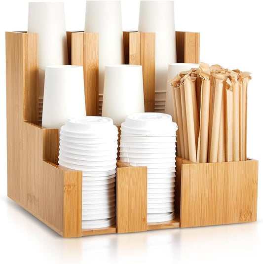 CroBlissful Bamboo Vertical Coffee Cup and Lid Dispenser, Coffee Condiment Organizer, 9 Compartment for Disposable Paper & Plastic Cup, for Cabinet Station Home Countertop Bar 13''l x 13''w x 12''h by CroBlissful