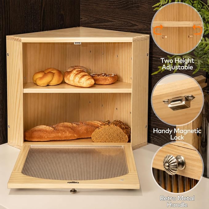 Corner Bread Box for Kitchen Countertop, Solid Wood, Natural | 2-Tier Large Capacity, Wooden Bread Box, Vintage Farmhouse Breadbox, Pine Wood, Bread Storage Container, Adjustable Shelf - Image 4