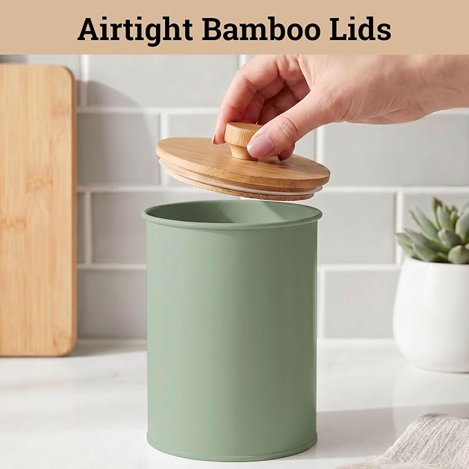 Kitchen Canisters for Countertop Set of 4 w/ Chalkboard Labels & Marker Pen | Airtight Easy Open Bamboo Lids, Dent-Resistant Thick Metal, Customizable Chalkboard Labels, Marker Pen Included, Set of 4 - Image 4
