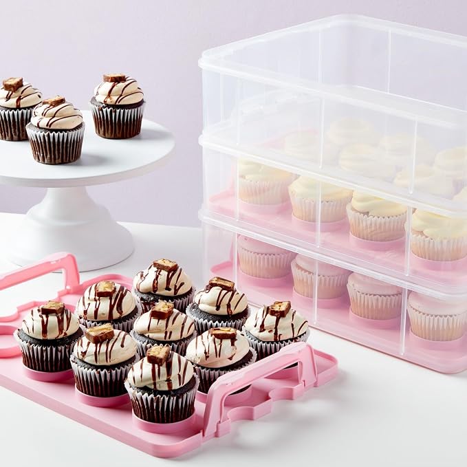 Juvale 3-Tier Cupcake Carrier - Airtight Plastic Container for Baking - Stackable Cupcake Containers & Removable Trays - Portable Cake Transport Holder - Holds 36, Pink, 13.5"x10.25"x10.75" - Image 3