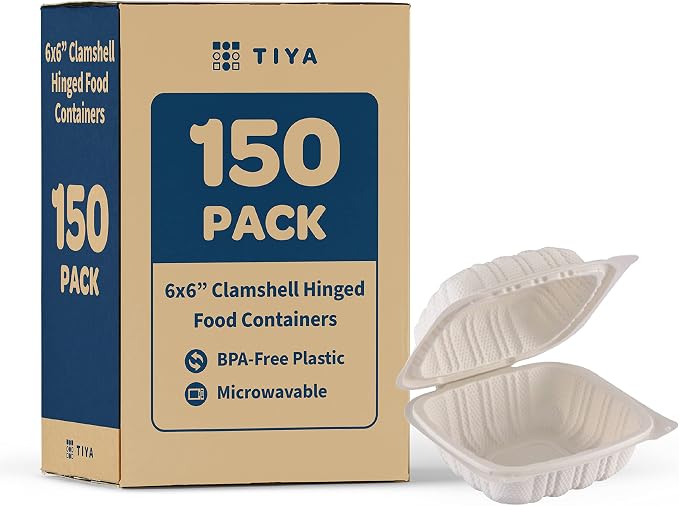 TIYA Clamshell Food Containers - White Bulk 150 Pack, 6x6 in - BPA-Free Plastic To-Go Containers - Microwavable, Hinged, Tall Reusable Clamshells - Great for Meal Prep by TTIYA