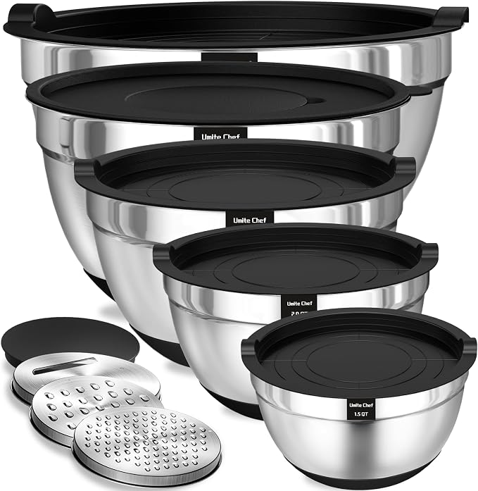 Umite Chef Mixing Bowls with Airtight Lids Set, 8PCS Stainless Steel Nesting Bowls Set, 3 Grater Attachments & Non-Slip Bottoms, Size 5, 4, 3.5, 2, 1.5QT for Baking & Mixing(Black) by UmiteChef