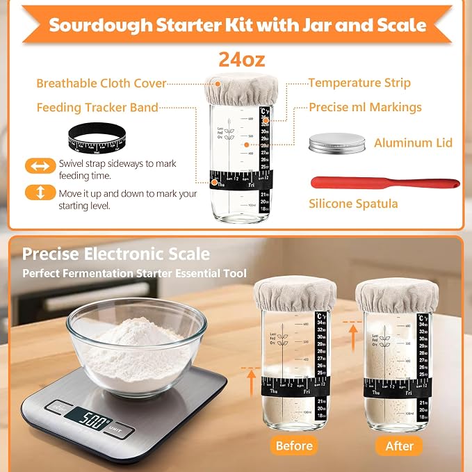 Sourdough Starter Kit with Scale, Banneton Bread Proofing Baskets Set | Complete Sourdough Bread Baking Supplies with Starter Jar, Full Sourdough Bread Making Tool, Gift Set for Bakers Beginner - Image 4