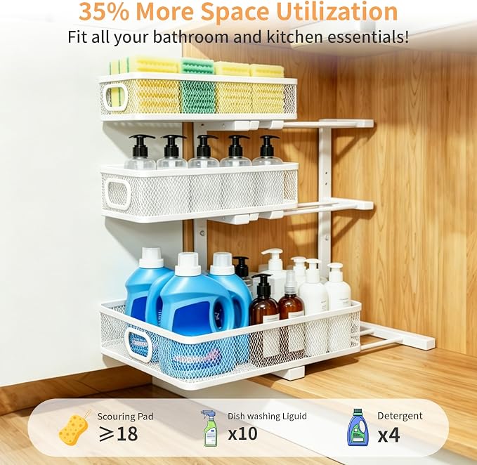 3 Tier Mesh Pull Out Organizer White 2 Pack Sliding Rack | White mesh dual pack organizers for clean modern cabinet storage in bathroom and kitchen daily use organization - Image 4