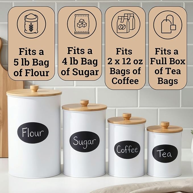Kitchen Canisters for Countertop Set of 4 w/ Chalkboard Labels & Marker Pen | Airtight Easy Open Bamboo Lids, Dent-Resistant Thick Metal, Customizable Chalkboard Labels, Marker Pen Included, Set of 4 - Image 3