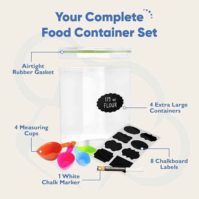 Chef's Path Kitchen Storage Box Set of 4 Extra Large Airtight Food Storage Jars for Sugar Flour Cereal Rice - Measuring Spoons, Pen and Food Preservation Labels (5.2 L) - Image 2