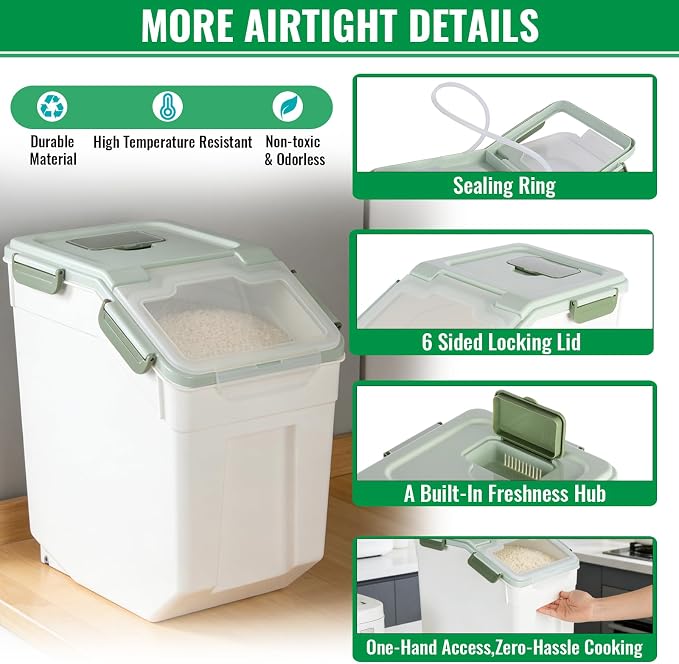 Rice Container 25 lbs Large Bulk Flour Sugar Storage Holdhouse Plastic Grain Cereal Dry Goods Bin with Spoon and Measuring Cup for Kitchen Pantry Organization - Green - Image 3