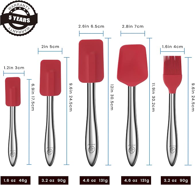 Gourmet Easy 5pcs Silicone Spatula Set with Stainless Steel Handles - Red | Heat-Resistant Silicone Protects Nonstick Cookware, Ergonomic Handles Offer Firm Control, Dishwasher Safe, 5-Year Warranty - Image 8