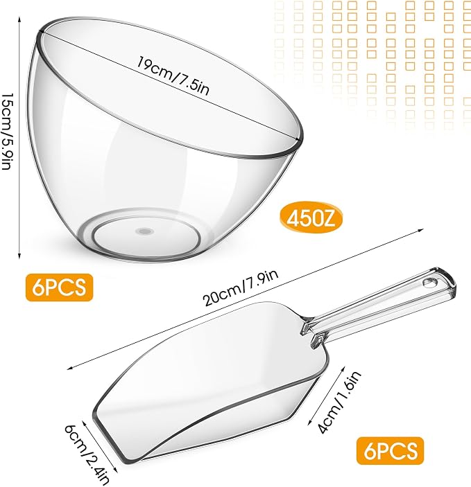 12 Pcs Serving Bowls Kit Include Clear Plastic Bowls for Parties and Popcorn Measuring Scoops Acrylic Plastic Kitchen Angled Candy Scoops for Office Canister Salad Cooking (45 oz) - Image 2