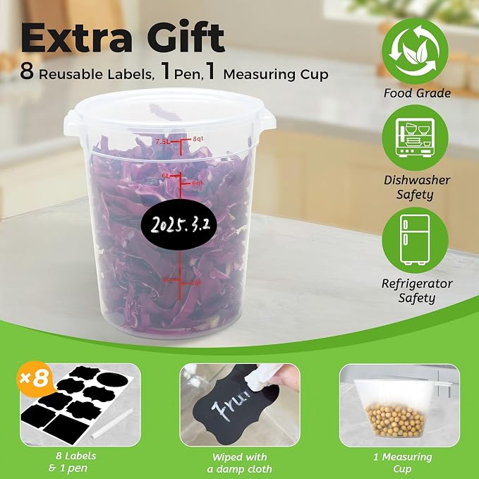 BIEAMA 4 Pack 8 Qt Round Food Storage Containers with Lids, Translucent PP | Include lids, labels, measuring cups and containers with capacity markings for food prep, pantry storage and dough proofing. - Image 4