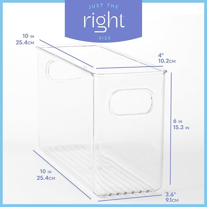 Plastic Food Storage 4 Pack Clear Container Bin with Handles for Organizing Kitchen, Pantry, Refrigerator, Freezer, Pantry, Cabinet, Closet, Bathroom. 10”x4”x6” - Image 3