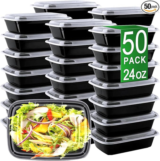 24oz Meal Prep Containers, 50 Pack Disposable Food Storage Boxes with Lids | Heavy Duty, Single Compartment, Leakproof Lids, BPA Free, Microwave Freezer Safe, Plastic To Go Bento Boxes for Lunch Takeout by Apsic