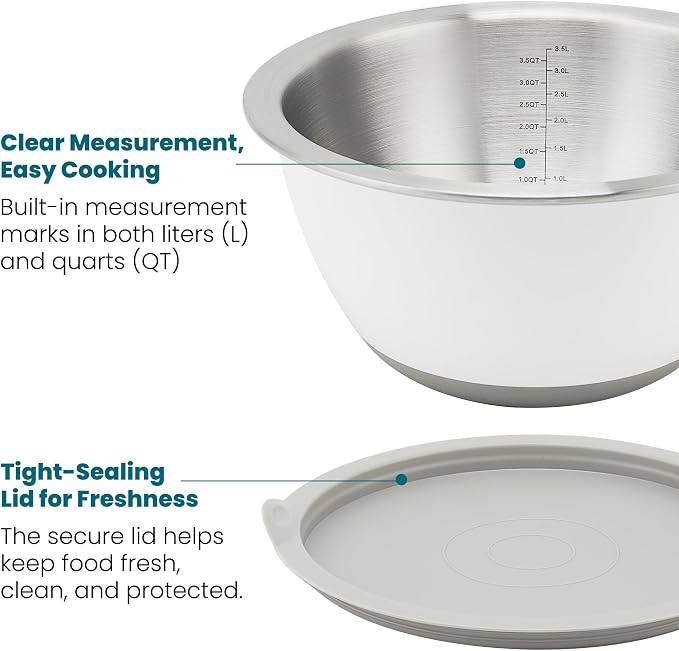 18/8 Stainless Steel Mixing Bowls Set with Lids,1.5,3 & 5 Qt,White | Non-Slip Silicone Base & Measurement Marks, Airtight Food Storage for Baking, Cooking & Meal Prep，Nesting Design - Image 3