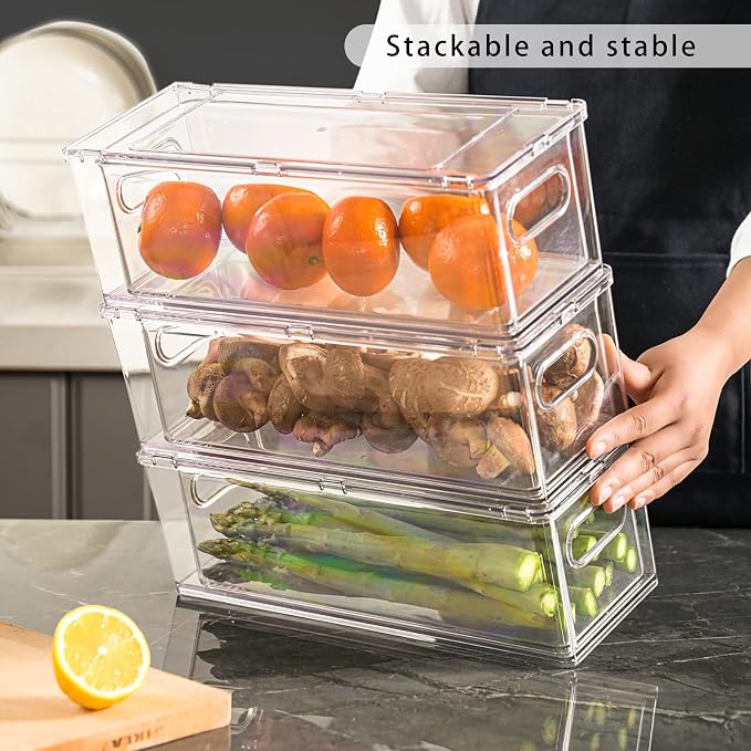 MANO Fridge Drawer Pull Out Stackable Bins with Handle Clear Refrigerator Drawers Organizer Food Storage Container Box Plastic Produce Saver for Pantry, Cabinet, Kitchen, Clothes（4Pack） - Image 2