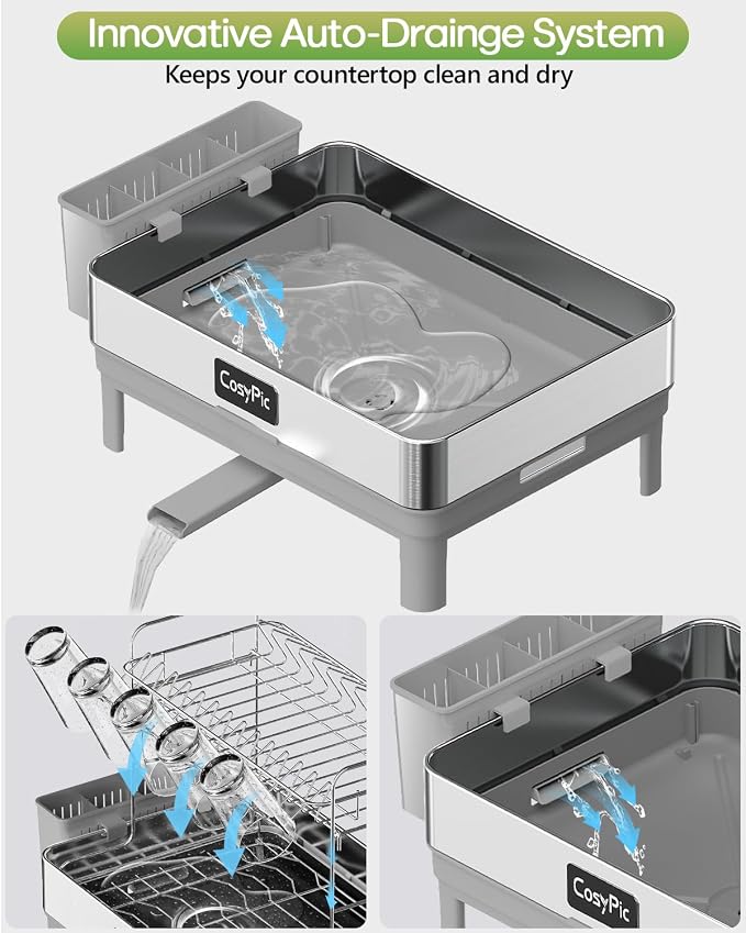 2 Tier Dish Drying Rack, Thicker Premium 304 Stainless Steel Dish Racks for Kitchen Counter, Automatic Drainage Spout, Dish Drainer & Drainboard Set with Utensil Holder and Cup Holder, Grey - Image 5