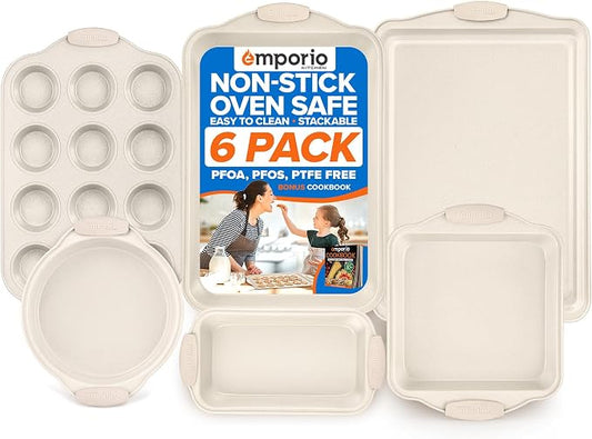 Emporio Kitchen Baking Pan Set - Nonstick Coating, Carbon Steel Bakeware Set with White Silicone Handle, PFOA, PFOS, PTFE Free, Recipe Booklet Included, Oven Safe Tray (Up To 450° F), Set of 6 - White by Unknown