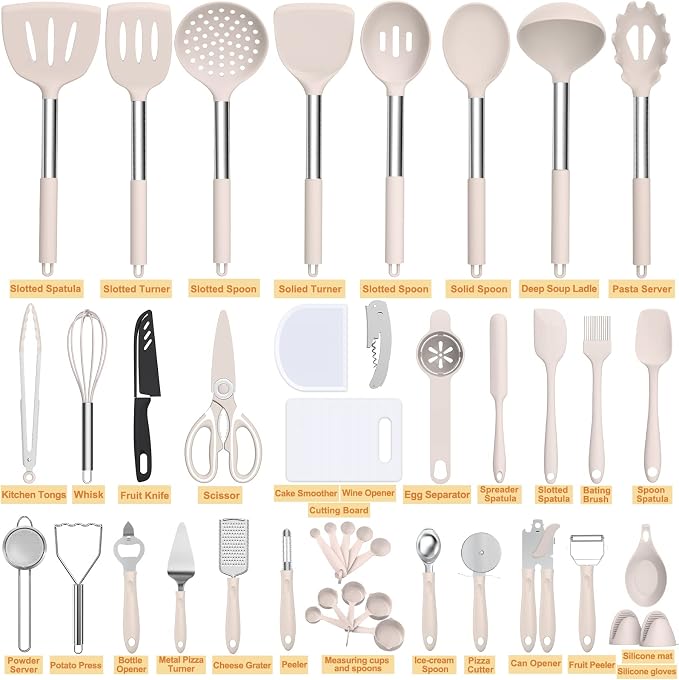 Silicone Cooking Utensil Set, Umite Chef 43 PCS Heat Resistant Kitchen Utensil Gadgets Set-Stainless Steel Handle- Kitchen Spatula Tools for Nonstick Cookware, Pots and Pans Accessories (Khaki) - Image 2