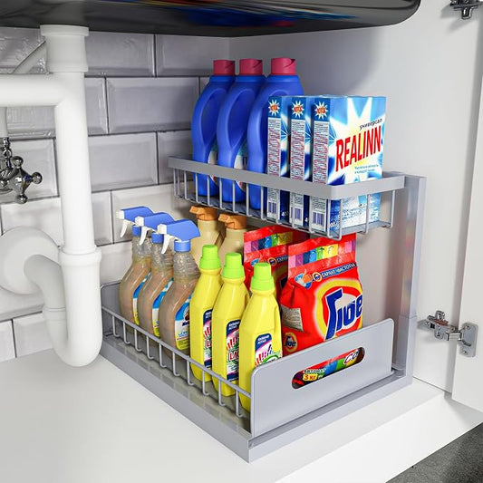 Under Sink Organizer, Pull Out Cabinet Organizer 2 Tier | Slide Out Sink Shelf Cabinet Storage Shelves, Under Sink Storage for Kitchen Bathroom Cabinet, Grey, 1 Pack by REALINN
