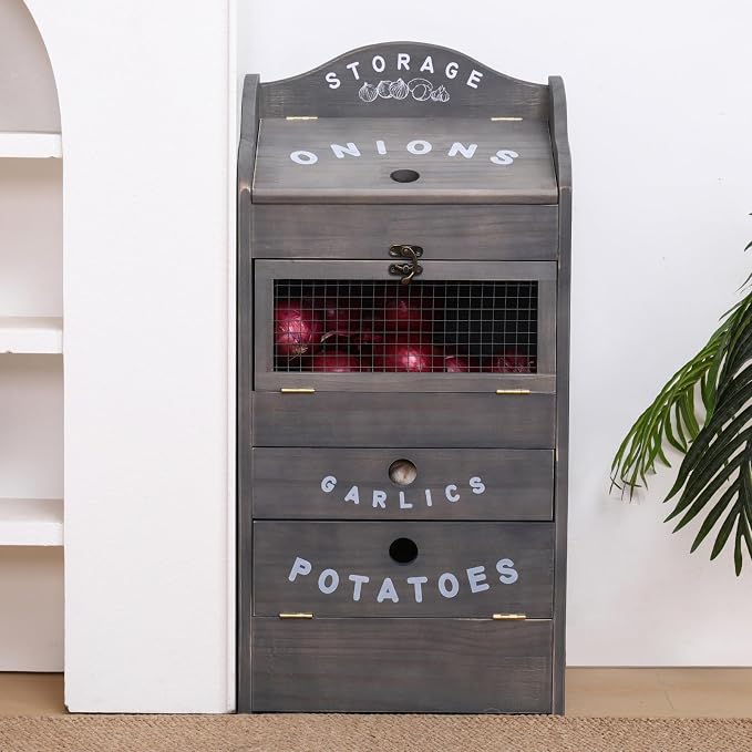 ARTAWEIN Potato Storage Bin Wall-mountable Potato Box with Lid Rustic and Garlic Drawer Onion Organizer with Grocery Section Decorative Vegetable Organization Cabinet for Kitchen - Image 8