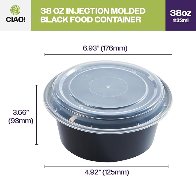 CIAO! Heavy Weight 38oz Injection Molded Microwavable Black Round Food Container with Lid (150/case) - Image 4