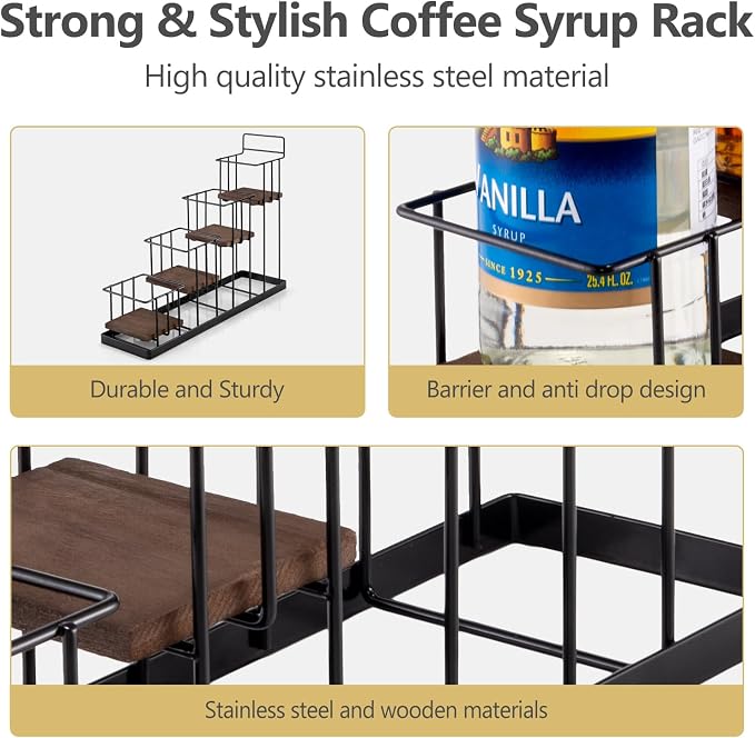 Coffee Syrup Rack Organizer, with Rustic Wood Holder Coffee Station Bar Accessory for Syrup, Wine, Dressing Bottle Countertop Display Storage Stand for Kitchen with Basket and Hooks Holds 4 Bottles - Image 4