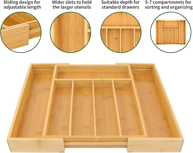 VaeFae Bamboo Drawer Organizer, Medium, Natural | Kitchen Utensil Holder, Multi-Function Drawer Storage，38 cm D x 29.2-45.7 cm W, 5-7 Slots, Natural - Image 4
