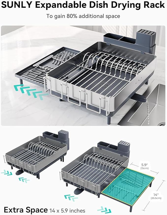 Large Dish Drying Rack, Expandable Dish Racks for Kitchen Counter, Space Saving 304 Stainless Steel Drying Rack Kitchen, Extra Large Drainer with Multifunctional Flip Up Pegs, Gray - Image 2