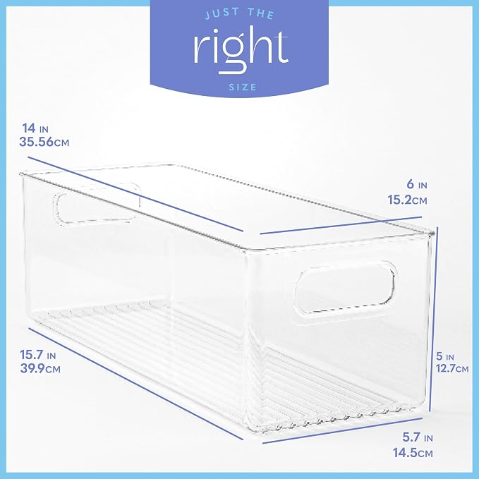 Plastic Food Storage 6 Pack Clear Container Bin with Handles for Organizing Kitchen, Pantry, Fridge, Freezer, Pantry, Bathroom. 14"x6"5" - Image 3