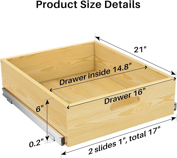 Pull Out Cabinet Organizer, Soft Close Slide Out Solid Wooden Drawers(17"W X 21"D x 6.2''H), Heavy Duty Full-extension Roll Out Shelves for Kitchen Cabinets,Pantry & Closet Organizers and Storage - Image 2