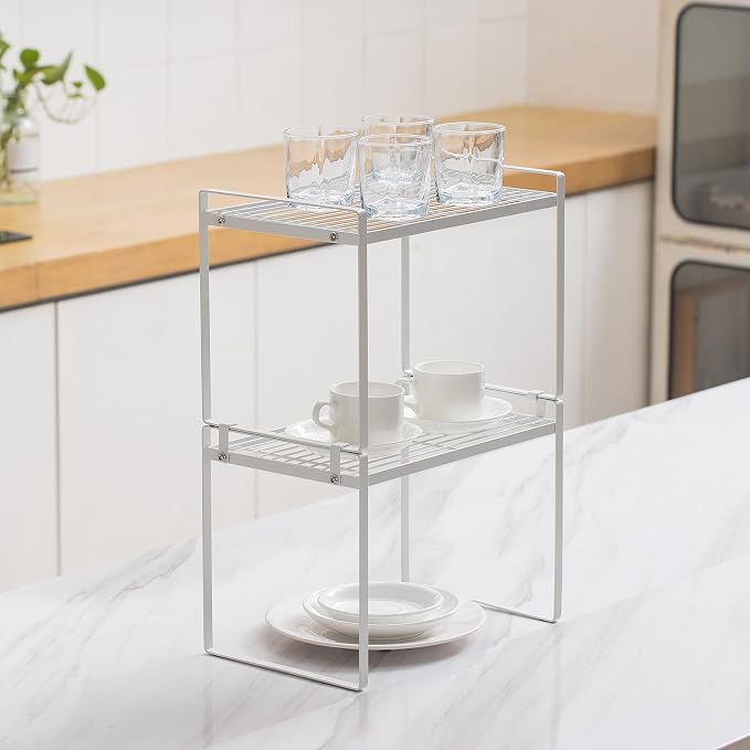 Shantton 2pk Kitchen Cabinet Shelf Counter Organizer Rack Pantry Storage Bathroom Bedroom Office Table Desk Space Saving Steel Frame Stackable Rust Resistant Non Slip White-Tall- L13in W8.3in H9.5in | 2-Pack Stackable Metal Riser Holds 40LBS with Non-S... - Image 2