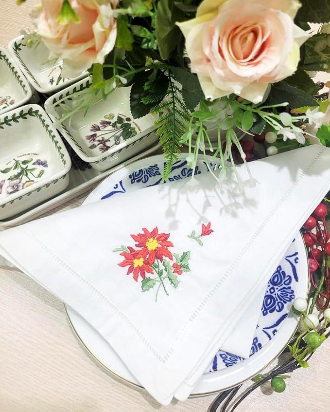 Embroidered Cloth Napkin Red Poinsettia and Holly Christmas Cotton Napkins Set of 6, 20 x 20 Hemstitch Table Napkins Machine Washable, Daily & Holidays, Great Gift Ideas - Image 2
