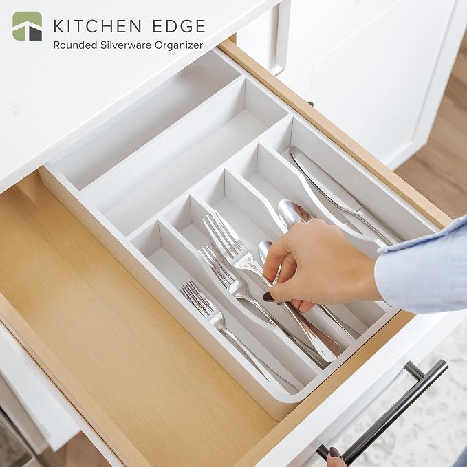 Silverware & Utensil Organizer, Fixed 10.5 in, White | Cutlery, flatware holder, rounded corners, 7 compartments, non-slip feet, kitchen drawers - Image 2