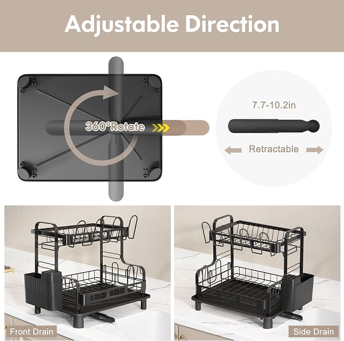 2 Tier Dish Drying Racks for Kitchen Counter with Utensil Holder | Large Stainless Steel Dish Drain, Space Saving, Big Modern Silver Countertop Metal Plates Dryer Strainer and Extra Tray - Image 3