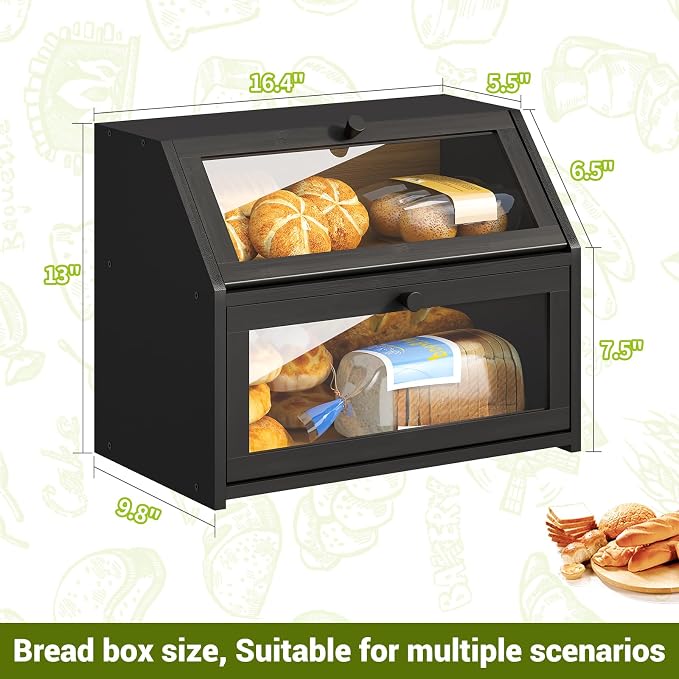 BMOSU Farmhouse Bread Box for Kitchen Countertop Bread box Double Layer Bamboo Wooden Extra Large Capacity Bin Kitchen Food Storage Container(Black) - Image 7