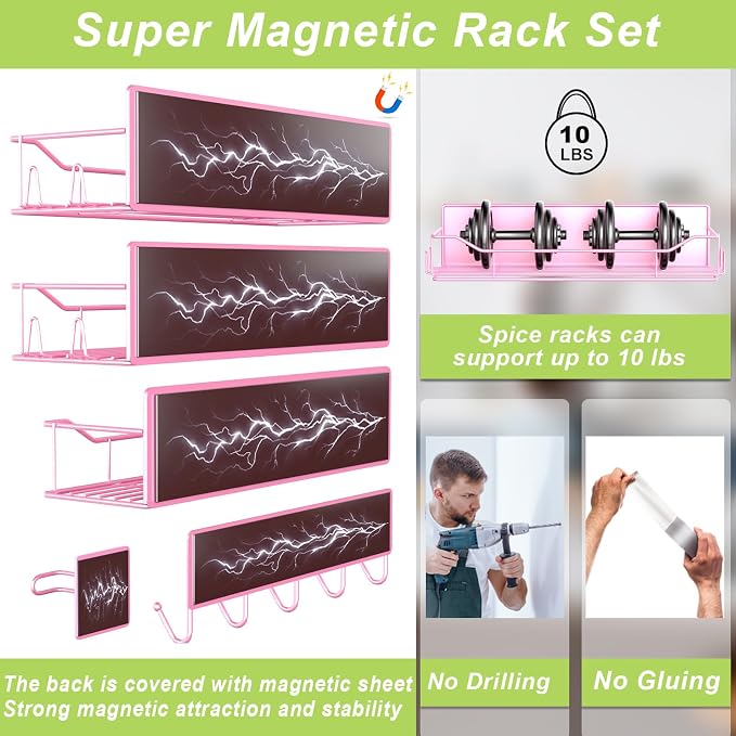 Magnetic Spice Rack for Refrigerator, 9 Pack Magnetic Fridge Shelves W/Adjustable Paper Towel Holder, Hook Rack, Moveable Spice Organizer Shelf for Kitchen Organization and Storage (Pink) - Image 3