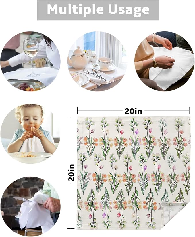 Floral Cloth Napkins Set of 8, Pink Purple Flower Green Leaves Spring Botanical Dinner Napkins Cloth Washable, Cocktail Napkins Reusable for Wedding, Party, Birthday (20"x20") - Image 5