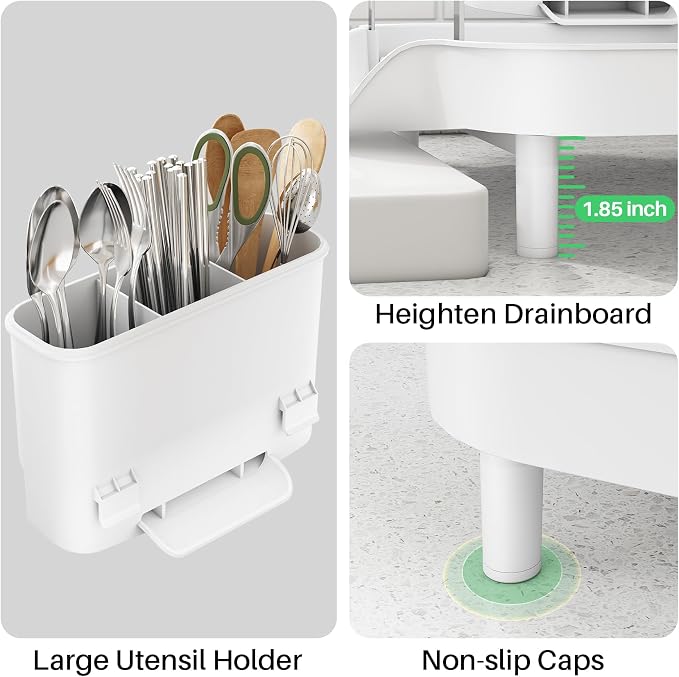 SAYZH Expandable Dish Drying Rack for Small Kitchen Counter, White | Stainless Steel, Protective Guardrail, Angled Drainboard, Fits High-Rim Sinks, Removable Utensil Holder - Image 8