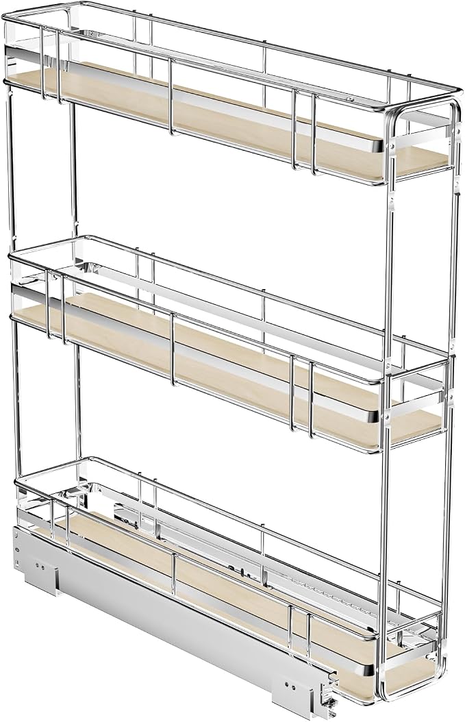 ROOMTEC 3-Tier Pull Out Cabinet Organizer Spice Rack for Narrow Cabinet 6" W x 20½" D, Slide Out Wood Shelves Storage for Kitchen by ROOMTEC