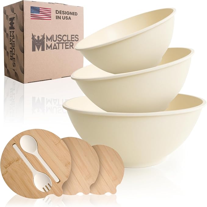 Bamboo Eco Salad Bowl Set - Set of 3 Salad Bowls Large with Seal Lid & Serving Utensils - Bamboo Fiber Bowl Set Perfect for Mixing, Serving, and Storage - Cream White by Muscles+Matter