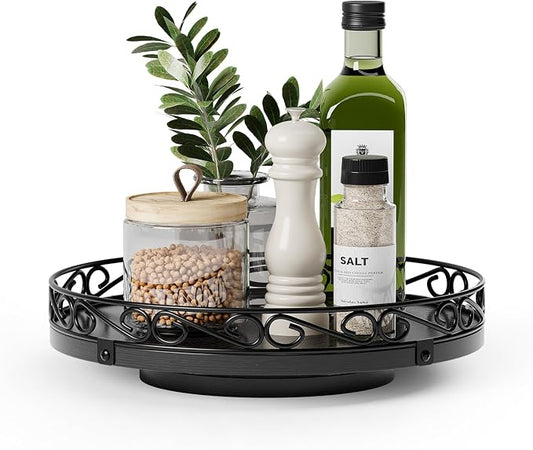10" Lazy Susan Turntable Organizer for Table Top, Wood Lazy Susan Cabinet | Farmhouse Rotating Decor Tray for Dining Table, Pantry, Kitchen Countertop, Spice, Bathroom Vanity, Round Patterned Rim,Black by Yoobure
