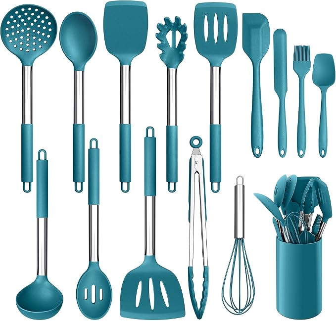 LIANYU 15-Piece Kitchen Cooking Utensils Set with Holder | Silicone Kitchen Tools Stainless Steel Handle, Slotted Spatula Spoon Turner Tong Whisk Brush for Cooking, Dark Blue by LIANYU