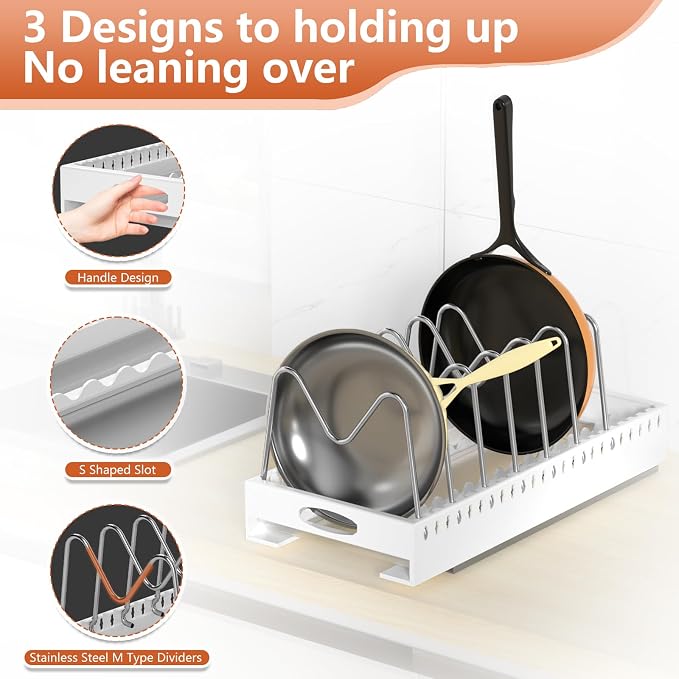 1 Pack | Adjustable Pots and Pans Organizer Under Cabinet with Drip Tray, Pull-Out Pot/Pan Lid Organizers Inside Cabinet, 20.5” Deep Carbon Steel Pan and Pot Racks with 9 Dividers for Countertop. - Image 4