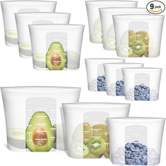 100% Silicone Reusable Storage Bag, 9 Pack Stand-Up Wide-Mouth Zip-Lock Food Storage Bags, Easy-Fill Easy-Open Easy-Clean Space-Saving, Microwave & Dishwasher Safe, 3 M/3 S/3 XS, Translucent by Annaklin