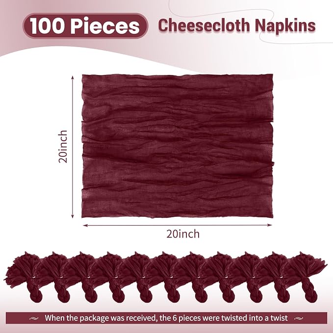 100 Pack Burgundy Cloth Napkins 20x20 Inch Cheesecloth Napkins | Elegant Cloth Napkins for Table, Washable Rustic Boho Gauze Napkins, for Wedding Party Bridal Baby Shower Christmas Decor - Image 2
