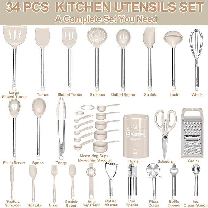 Kitchen Utensils Set-Umite Chef 34 Pcs Silicone Cooking Utensils Set for Nonstick Cookware-Silicone Spatulas Set, Stainless Steel Handle-Khaki Kitchen Gadgets Tools, Pots and Pans Accessories - Image 2