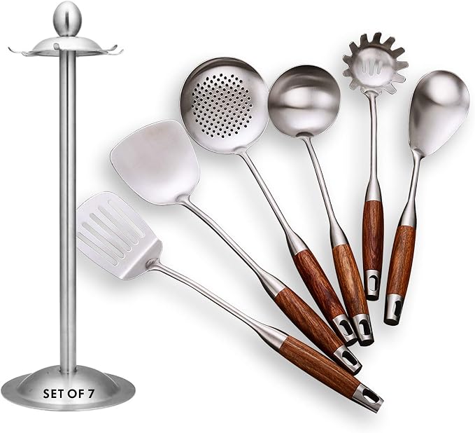 Kitchen Utensils Set,6 PCS with Utensils Holder,304 Stainless Steel | Wooden handle,For kitchen cooking,Includes: wok spatula, soup ladle, slotted spoon, Spaghetti spoon, Utensils Holder by GXONEHomeKitchen