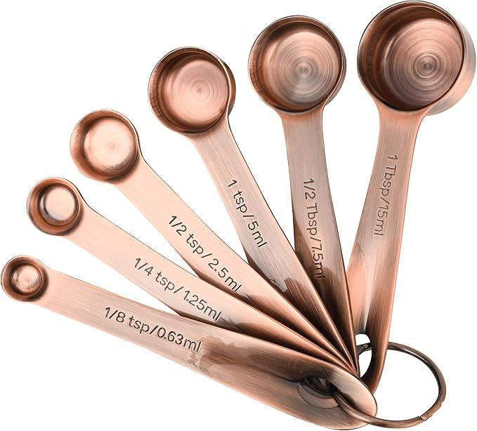 Copper Measuring Spoons Set with Flat Bottom for Kitchen & Baking, Stainless Steel Measuring Spoons Set for Dry & Liquid, Metal Measuring Tools Set with Engraved US & Metri Markings by Viwehots