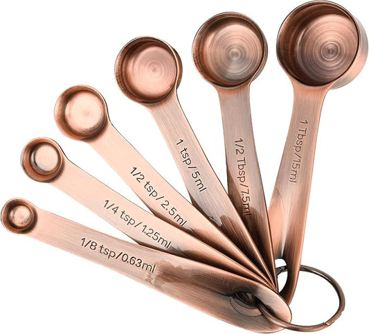 Copper Measuring Spoons Set with Flat Bottom for Kitchen & Baking, Stainless Steel Measuring Spoons Set for Dry & Liquid, Metal Measuring Tools Set with Engraved US & Metri Markings by Viwehots